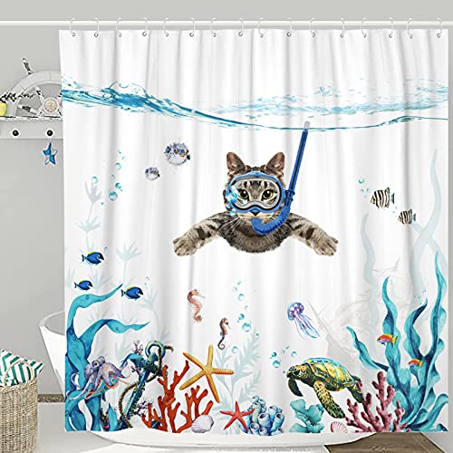 Fowocu Funny Cat Shower Curtain Set Teal Blue Sea Ocean Waterproof Fabric Shower Curtains with Animal Octopus Starfish Turtle Anchor Fish Nautical Bathroom Decor (Blue, 72''×72'')