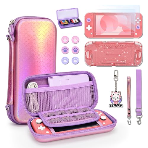 innoAura Switch Lite Case, 14 in 1 Switch Lite Accessories Bundle with Mermaid Switch Lite Carrying Case, Switch Lite Screen Protector, Switch Game Case, Switch Thumb Caps (Mermaid Pink)