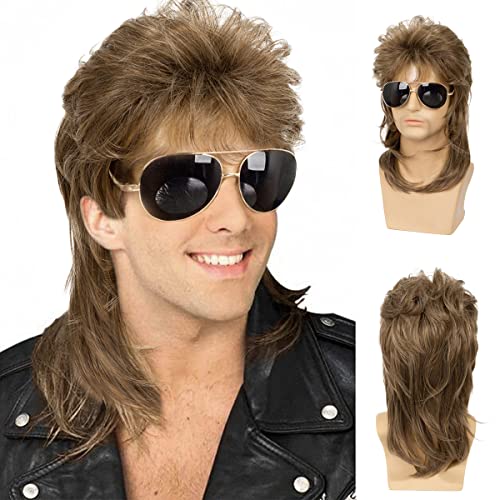 Sallcks Mens Mullet Wigs Brown Curly 70s 80s Retro Cosplay Costume Wig Rocker Disco Fancy Show Wigs - Light Brown