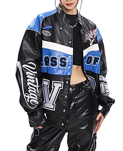 Aelfric Eden Women's Leather Bomber Jackets Oversized Patchwork Vintage Cropped Racer Moto Jackets