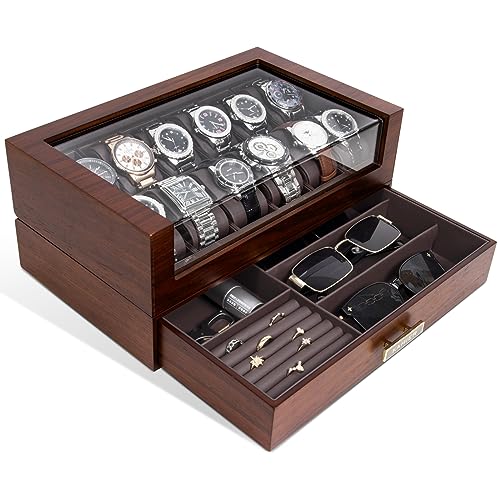 KAMIER 12 Slots Watch Box Case Organizer Display for Men,Two-Tier Wooden Watch Box Organizer For Men with watch holder and Drawer,Walnut