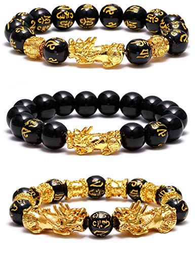 SOOWOOT 3Pcs Feng Shui Black Obsidian Bracelets Set - Good Luck Amulet Dragon Lucky Charm Pi Xiu Pi Yao Attract Wealthy bracelets for women men