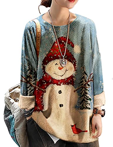 YESNO Ugly Christmas Sweater for Women Funny Snowman Graphic Printed Pullover Sweaters L S01 CR121
