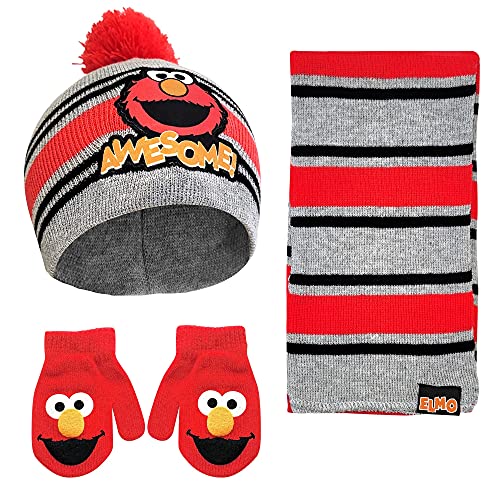 Sesame Street Boys Toddler Winter Hat, Scarf & Mittens Set, Elmo Beanie For Ages 2-4