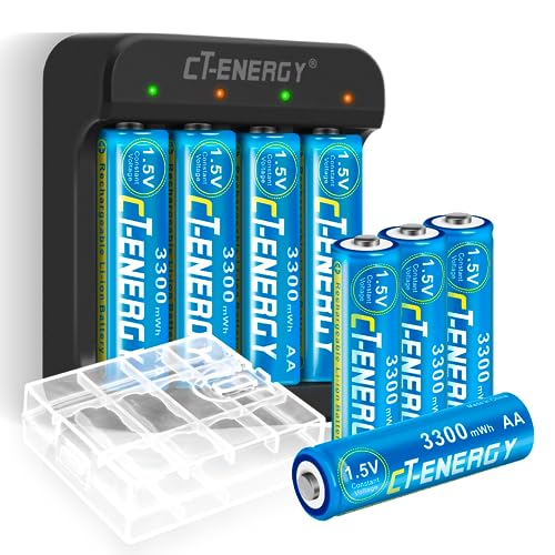 Rechargeable Lithium AA Batteries 1.5v with Charger 8 Packs Fast Charging 2A Constant Output Double A 3300mWh High Capacity Fits for VR/Xbox/Blink Camera