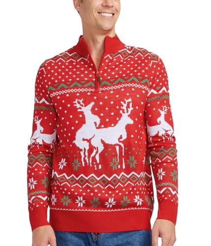 Tipsy Elves Men's Christmas Climax Sweater - Funny Humping Reindeer Ugly Christmas Sweater , Red, Large