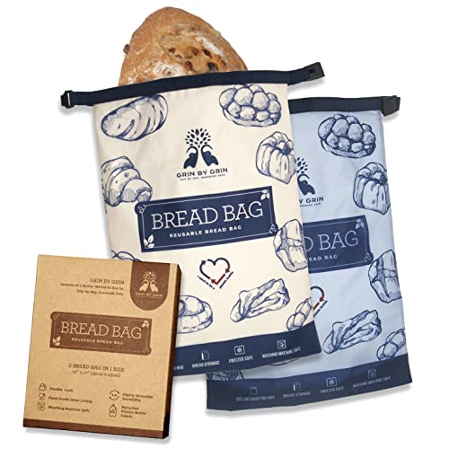 GRIN BY GRIN- 2 Packs Bread Bags to Keep Fresh, Reusable Zipper for Homemade Loaf, Freezer Storage Bag, Container, Fresh Keeping Extra Large Bags, Food Bag