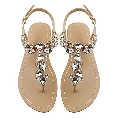 AIJIVOU Mayou Women's Rhinestone Flat Sandals, Women Flip Flops with Beadeed Rhinestone Crystal Jeweled Sandal Shoes for Summer Beach Oceanside Holiday Outdoor (11 M US, Off-White)
