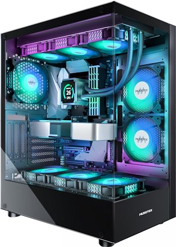 MUSETEX PC CASE ATX 6 PWM ARGB Fans Pre-Installed, Type-C Mid Tower Computer Case with Full View Dual Tempered Glass, Gaming PC Case,Black(K2)