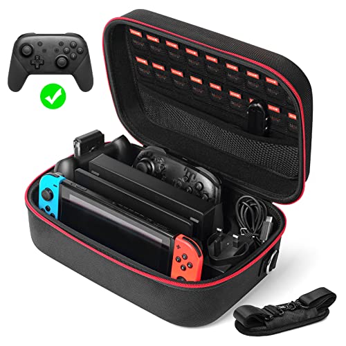 Glamgen Carrying Case for Nintendo Switch/OLED,Large Protective Travel Hardshell Storage Bag with 16 Game Cartridges for Switch Console, Pro Controller, Accessories Switch Dock,Black