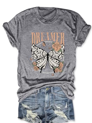 Womens Butterfly Shirt Vintage Rose Flower Dreamer T Shirt Boho Retro Graphic Tees Short Sleeve Summer Tops(Grey,S)