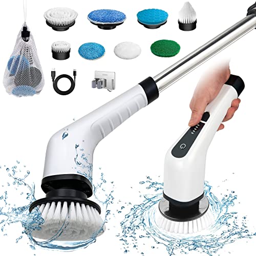 ZLPMARY Electric Spin Scrubber, Cordless Bath Tub Power Scrubber with 8 Replaceable Drill Brush Heads, Shower Cleaning Brush with Adjustable Handle for Bathroom, Tile Floor & Car, White, (ANS-8050)