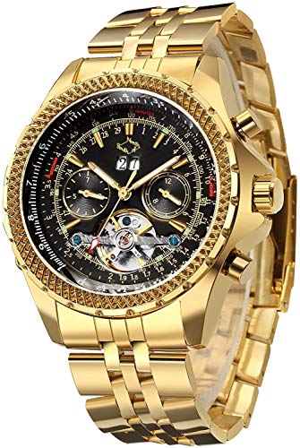 Gute Men's Automatic Watch, Luxury Gold Tone Stainless Steel Big Face Mens Multi Functional Mechanical Wristwatch…