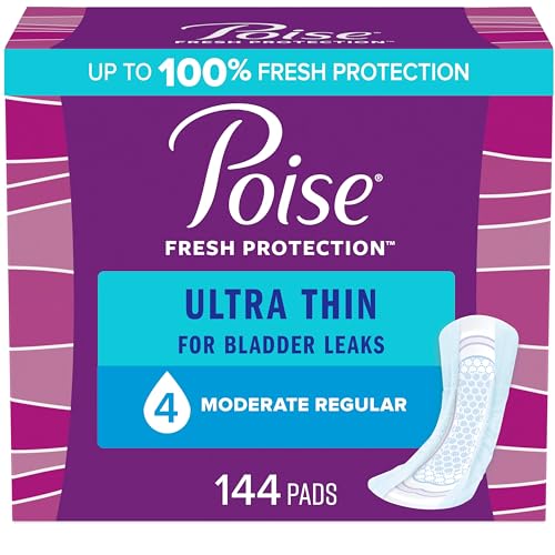 Poise Ultra Thin Incontinence Pads & Postpartum Incontinence Pads, 4 Drop Moderate Absorbency, Regular Length, 144 Count (3 Packs of 48), Packaging May Vary