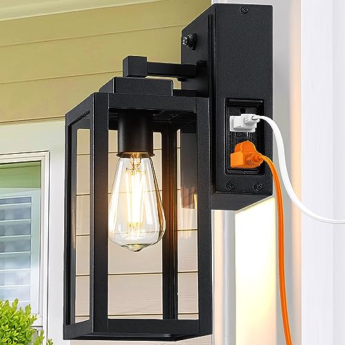 Dusk to Dawn Outdoor Porch Lights with 2 GFCI Outlets, Waterproof Wall Lights Mount for House, Aluminum Anti-Rust Exterior Light Fixture, Wall Sconce, Wall Lamp, Wall Lantern for Balcony, Garage