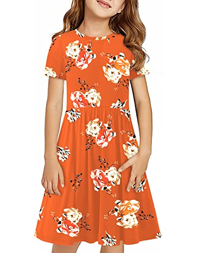 KYMIDY Girls Short Sleeve Floral Dress Kids Casual Boho Midi Dress with Pockets, Orange, 8 Years