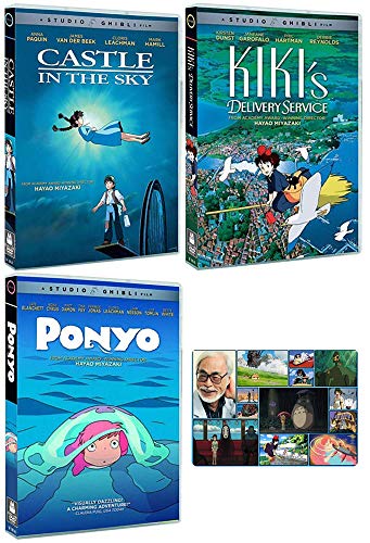 Hayao Miyazaki - Castle in the Sky / Kiki's Delivery Service / Ponyo - 3 DVD Studio Ghibli Classic Animated Movies Bundle + Bonus Art Card
