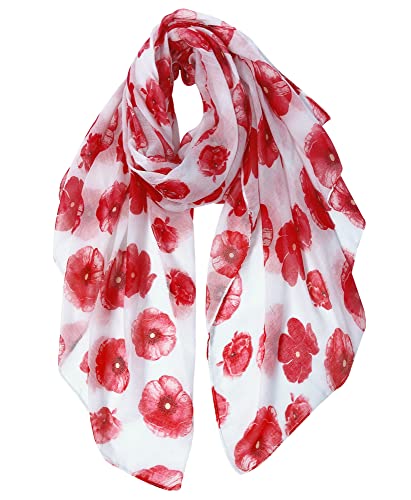 GERINLY Red Poppy Floral White Scarf for Women Oblong Shawl Wrap for Summer Travel Cotton Voile Beach Sarong