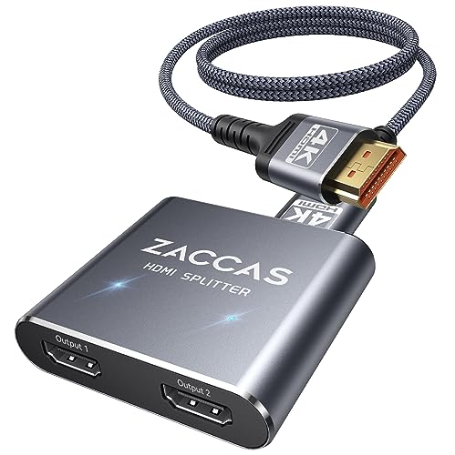 HDMI Splitter 1 in 2 Out, ZACCAS Aluminum 4K HDMI Splitter for Dual Monitors, 1x2 HDMI Display Duplicate/Mirror Screens, Full HD 1080P 3D【with 3.3Ft HDMI Cable】