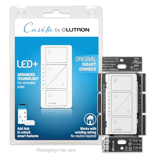 Lutron Caseta Smart Home Dimmer Switch, Works with Alexa, Apple HomeKit, and The Google Assistant | for LED Light Bulbs, Incandescent Bulbs and Halogen Bulbs | PD-6WCL-WH | White