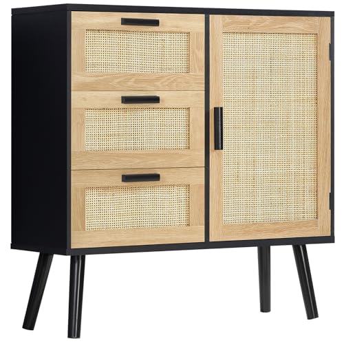 Iwell Storage Cabinet with Rattan Door & 3 Drawers, Rattan Cabinet with Adjustable Shelf, Buffet Cabinet, Accent Cabinet for Living Room, Entryway, Kitchen, Black