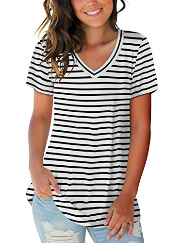 Womens Casual Basic Shirts Short Sleeve V Neck Summer Tops Tunic Tee Shirts Stripe L