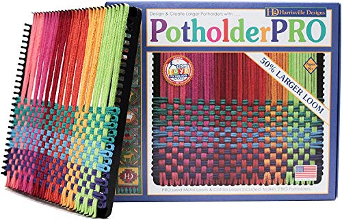 Friendly Loom 10' PRO Size Black Potholder Metal Loom Kit with Bright Rainbow Color Cotton Loops to Make 2 Potholders, Weaving Crafts for Kids & Adults MADE IN THE USA by Harrisville Designs