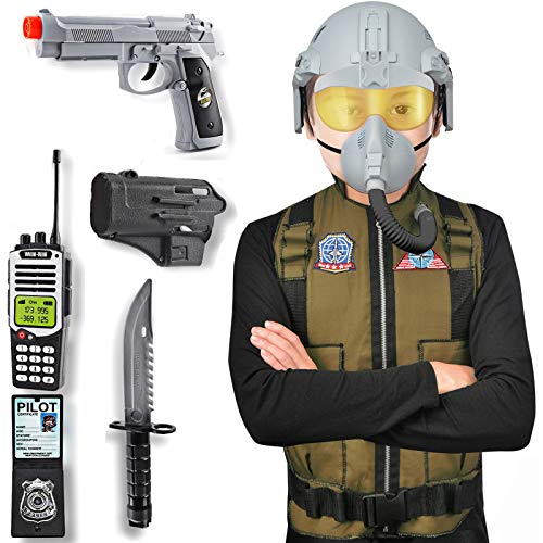 Liberty Imports Fighter Jet Pilot Kids Boy Costume Deluxe Dress Up, Air Force Military Role Play Set with Helmet, Toy Gun, Weapons, Accessories (9 Pcs)