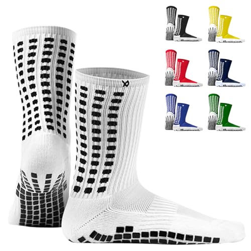 LUX Anti Slip Soccer Socks, Non Slip Football/Basketball/Hockey Sports Grip Pads Socks White Large