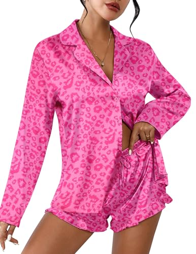 Ekouaer Matching Pajama Set for Women Silky Loungewear Loose Satin Sleepwear Classic Long Sleeve Two Piece Pajama Set Hot Pink Leopard S