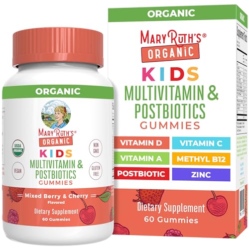 Kids Vitamins by MaryRuth's | USDA Organic | Kids Multivitamin Gummies + Postbiotics for Ages 4+ | Multivitamin for Kids with Lactobacillus Rhamnosus | Vitamins for Kids | Vegan | Non-GMO | 60 Count