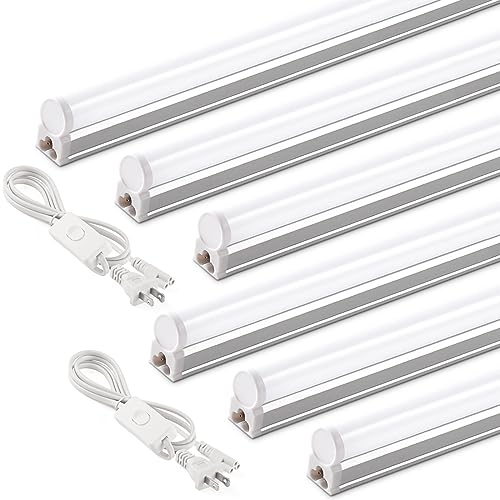 Barrina T5 4FT LED Shop Light, 2 Pcs Power Cords 6500K Super Bright White 2200lm 20W Utility Light Fixture, Ceiling Under Cabinet Light for Workshop Garage, Corded Electric with ON/Off Switch, 6 Pack