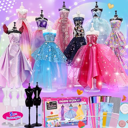 ONE TO FOUR 800+Pcs - Fashion Designer Kit for Girls with 5 Mannequins - Arts and Crafts Kit- Sewing Kit for Kid Ages 8-12 -Girls Gift Age 6 7 8 9 10 11 12