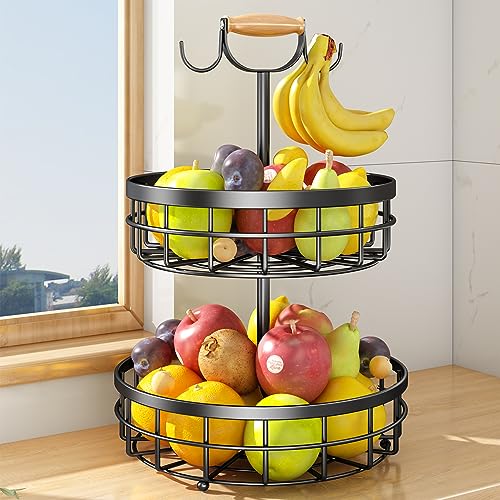 SAYZH 2-Tier Fruit Basket Bowl Vegetable Storage with Dual Banana Tree Hanger and Wood Lift Handle, Kitchen Countertop Metal Wire Basket for Bread Onions Potatoes (Black, 2 Tier)