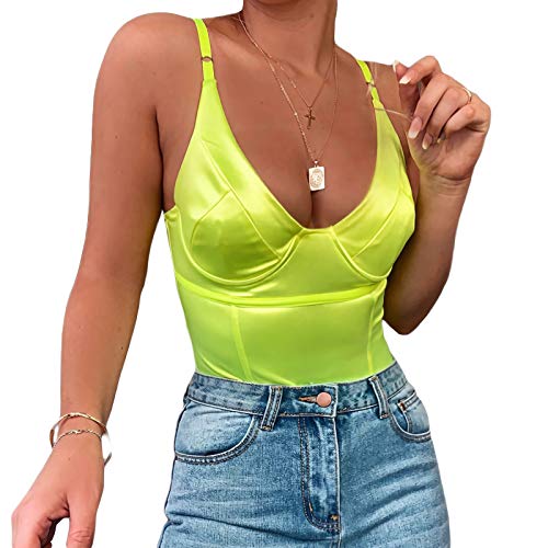 Velius Women's Sexy Deep V Neck Shiny Thong Bodysuit Tank Tops with Underwire (Neon Green, Large)
