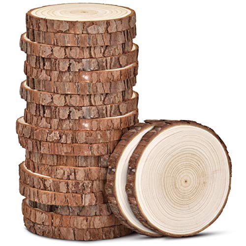 LESUMI Unfinished Natural Wood Slices with Bark - 20 Pcs 3.5-4 inch Wood Craft kit, DIY Kids Arts and Crafts Coasters Christmas Ornaments Rustic Wedding Decorations