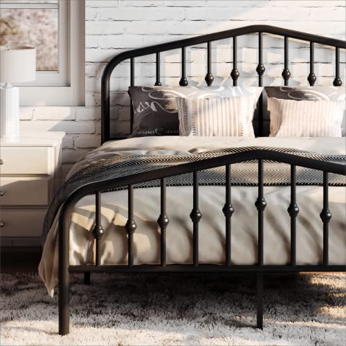 SHA CERLIN Queen Size Metal Platform Bed Frame with Victorian Style Wrought Iron-Art Headboard/Footboard, No Box Spring Required, Black