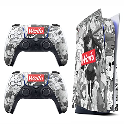 HK Studio Anime Girl Decal Sticker Skin Specific Cover for PS5 Disc Edition - Waterproof, No Bubble, Including 2 Controller Skins and Console Skin