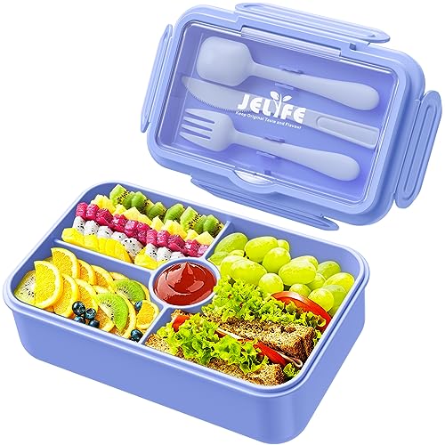 Jelife Bento Lunch Box for Kids - Large Bento-Style Leakproof Bento Boxes with 4 Compartments Lunchbox with Silverware for Kids Back to School, Reusable On-the-Go Meal and Snack Containers,Macaron