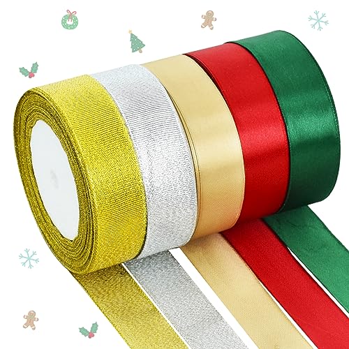 TONIFUL 5 colors Christmas Ribbon, 1 Inch x 125 yds Satin Ribbon Rolls, Red Green Gold Silver-Glitter Gold-Glitter Christmas Colors Set, For Gifts Wrapping Ornaments Hanging Christmas Tree Decorations