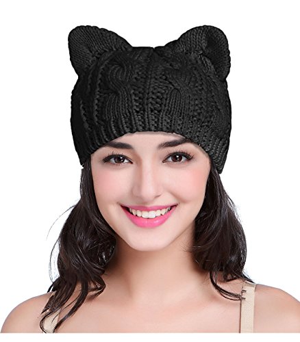 V28 Women Men Girls Boys Teens Cute Cat Ear Knit Cable Xmas Hat Cap Beanie Kittenear Black Medium
