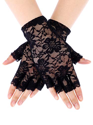 Skylety Sunblock Fingerless Bridal Lace Gloves Women Short Floral Gloves for Wedding Opera Tea Party(Black)