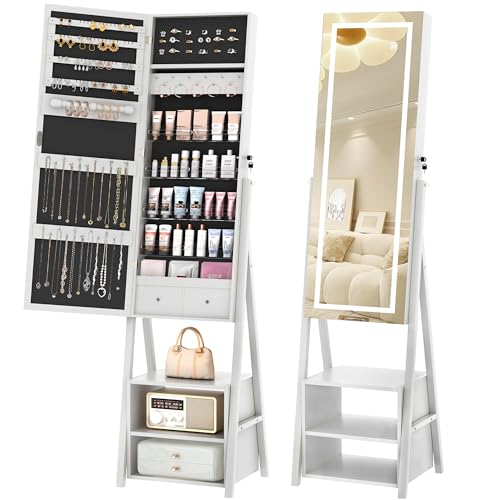 VECELO Jewelry Cabinet with Adjustable LED Lights, 63' Full Length Mirror with Storage, Lockable Standing Jewelry Armoire Organizer with Drawers and Shelf, 3-In-1 Multifunctional, Powered By USB,White