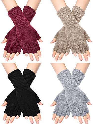 SATINIOR Fingerless Gloves for Women Half Finger Typing Gloves with Long Wrist Cuff Winter Knit Fingerless Mittens for Women (Black, Light Grey, Light Tan, Wine Red,4 Pairs)