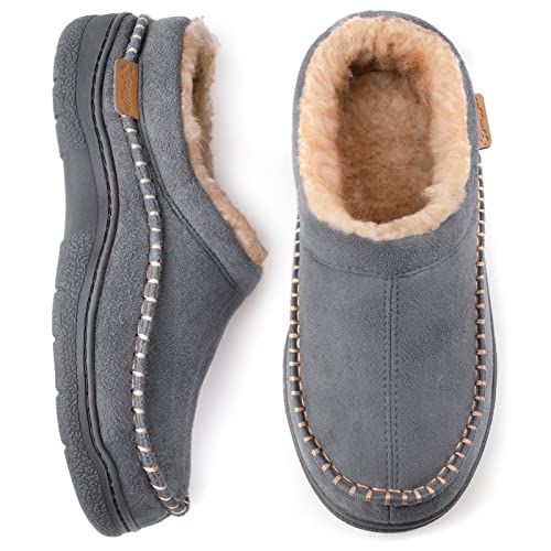 Zigzagger Men's Slip On Moccasin Slippers, Indoor/Outdoor Warm Fuzzy Comfy House Shoes, Fluffy Wide Loafer Slippers,Grey, 9-10 D(M) US