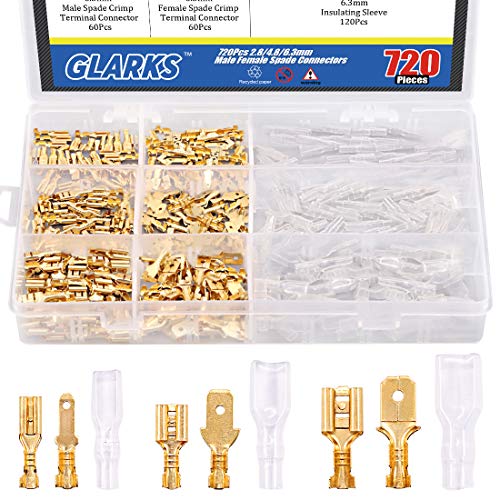 Glarks 720Pcs 2.8mm 4.8mm 6.3mm Male and Female Wire Spade Connector and Insulating Sleeve Assortment Kit Copper Wire Crimp Terminal Block with Nylon Sleeve Set for Car Audio Speaker