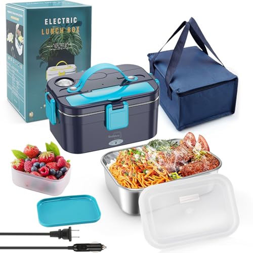 Buddew Electric Lunch Box 80W Food Heater Upgrade 3 in 1 Car/Truck/Home Portable Food Warmer 1.8L High-Capacity Heated Lunch Box with Airtight Lid, SS Container, Fork Spoon, Carry Bag