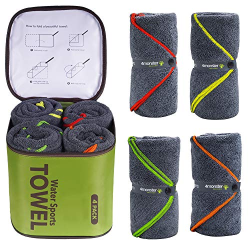 4Monster 4 Pack Microfiber Camping Towel Quick Dry,Super Absorbent Travel Towel Portable Swimming Towel with Waterproof Towel Bag, Lightweight Boat Towel for RV Sport Gym Beach Pool Family Trip