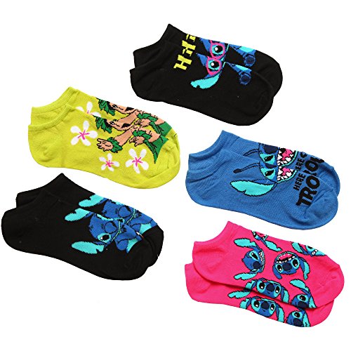 Disney womens Lilo & Stitch 5 Pack No Show Casual Sock, Assorted Bright, 9 11 US