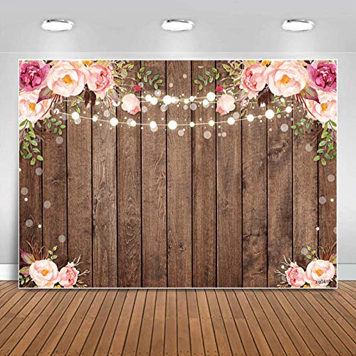 Sensfun 7x5ft Rustic Wood Floral Backdrop for Baby Shower Newborn Studio Picture Photography Retro Wooden Floor Pink Flower Wall Background Wedding Bridal Shower Birthday Party Photoshoot Booth Banner